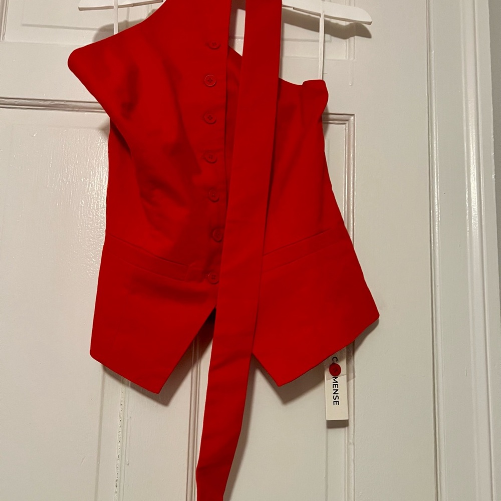 Commense Red Asymmetrical Halter Button-Front Top… - image 4